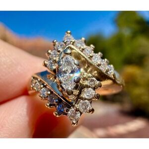 Vintage 14k Solid‎ Gold Natural Diamond Marquise Pave Diamond Ring - Size 3.25